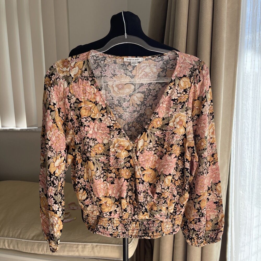 American Eagle Faux Wrap Top Floral Blouse Smocked Waist M